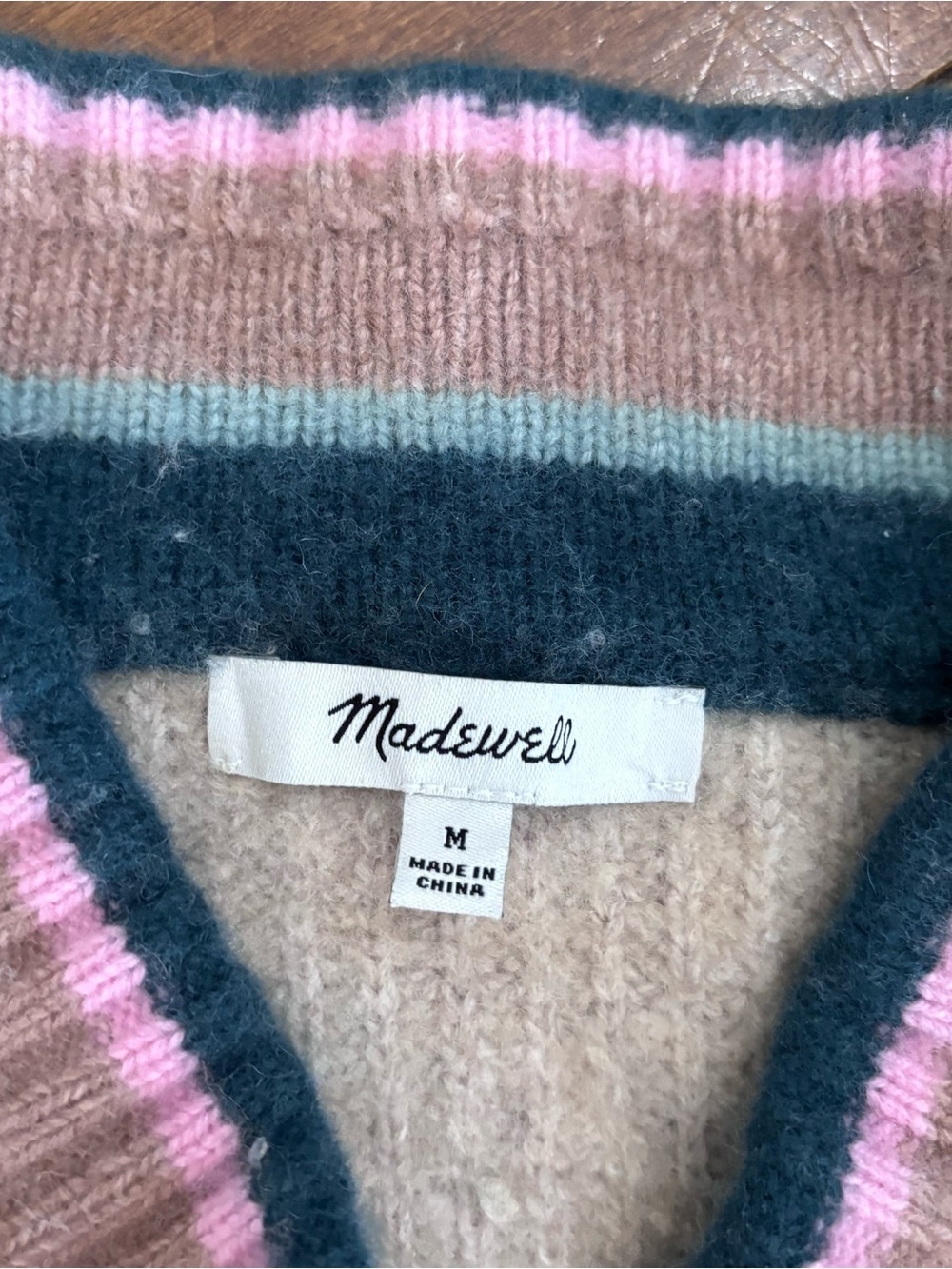 Madewell Beige V-Neck Sweater with Teal and Pink Trim - Picture 5 of 9